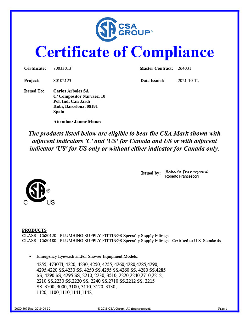 ANSI Certificate of Compliance for Emergency Showers and Emergency Eyewashes - Page 1